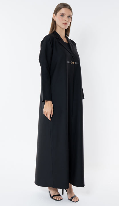 Black Blazer Collar Abaya With An Elegant Buckle Detail