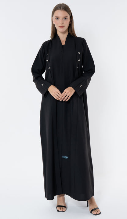 Black Abaya With Multiple Silver Button In Front And Cuff Details