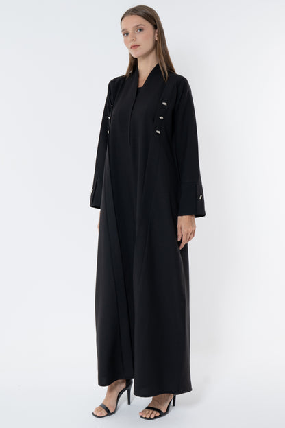 Black Abaya With Multiple Silver Button In Front And Cuff Details