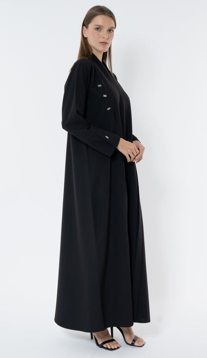 Black Abaya With Multiple Silver Button In Front And Cuff Details
