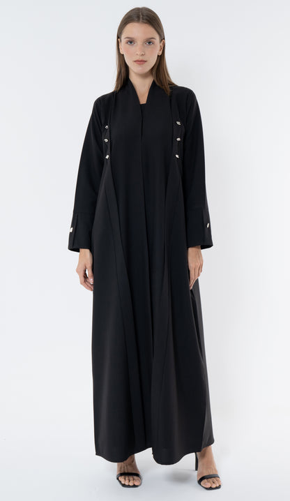 Black Abaya With Multiple Silver Button In Front And Cuff Details