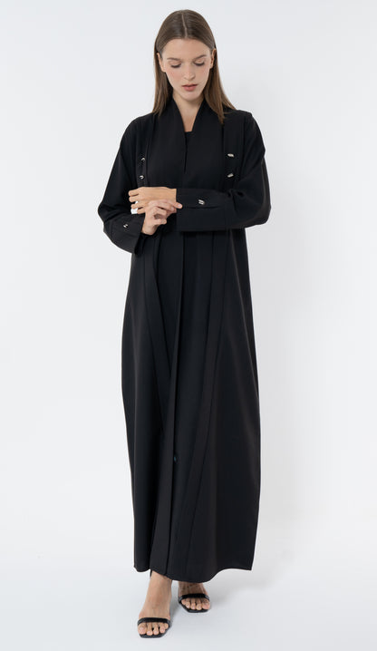 Black Abaya With Multiple Silver Button In Front And Cuff Details