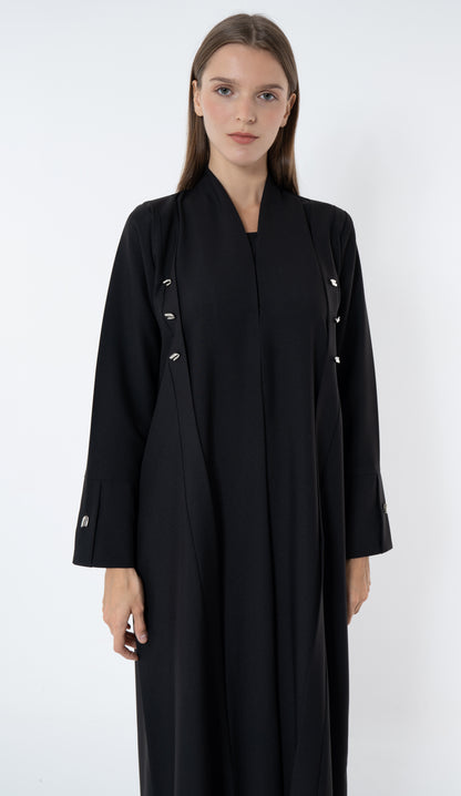 Black Abaya With Multiple Silver Button In Front And Cuff Details
