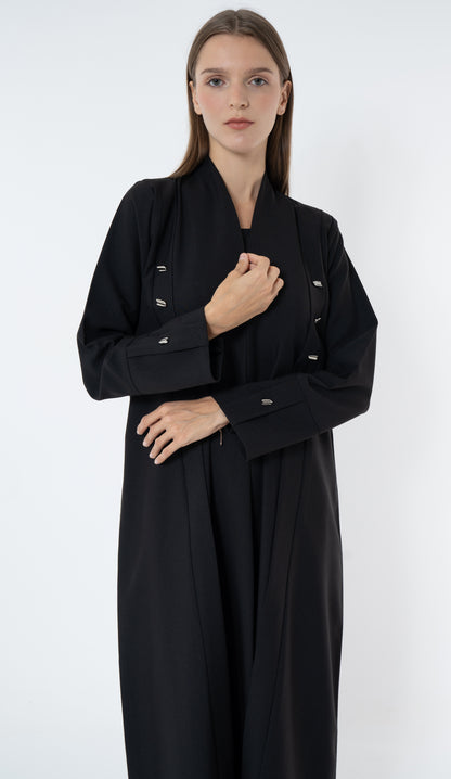Black Abaya With Multiple Silver Button In Front And Cuff Details