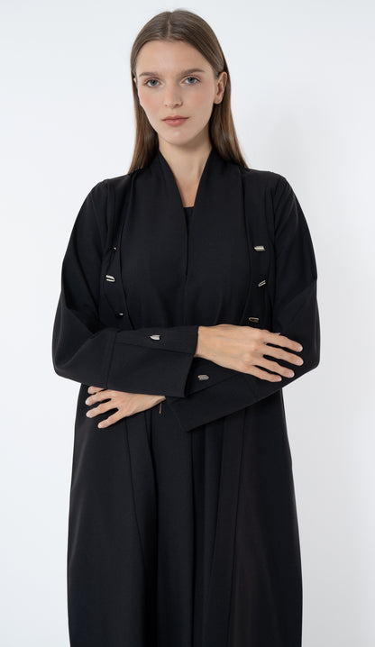 Black Abaya With Multiple Silver Button In Front And Cuff Details