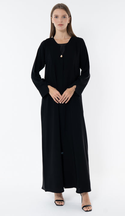 Black Deep Neckline Abaya With Golden Flower Button