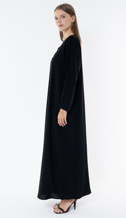 Black Deep Neckline Abaya With Golden Flower Button