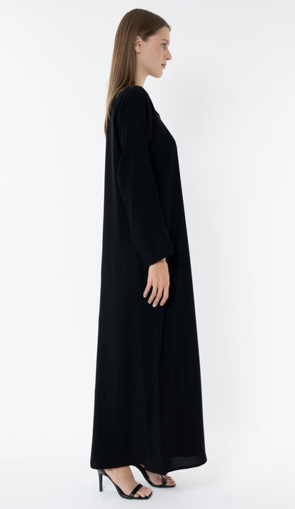 Black Deep Neckline Abaya With Golden Flower Button