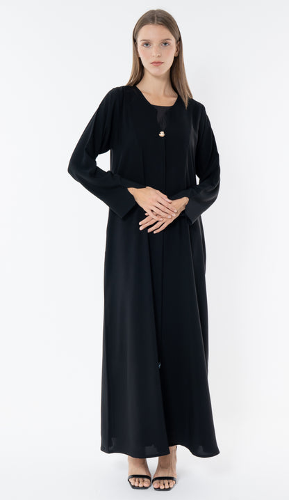 Black Deep Neckline Abaya With Golden Flower Button