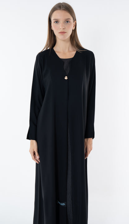 Black Deep Neckline Abaya With Golden Flower Button