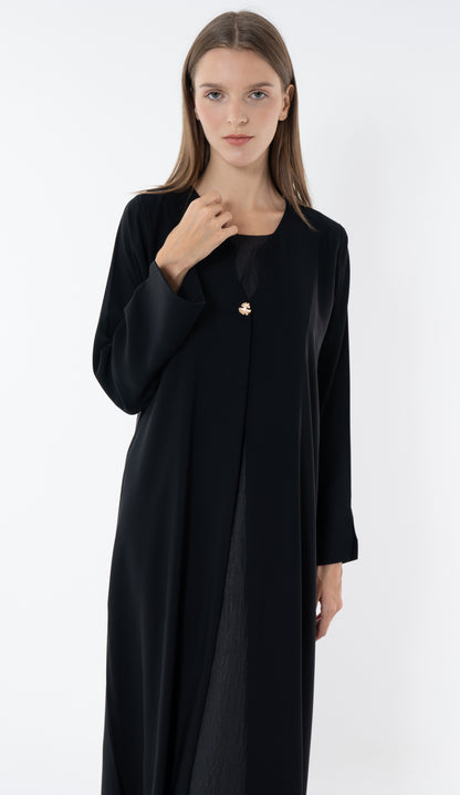 Black Deep Neckline Abaya With Golden Flower Button