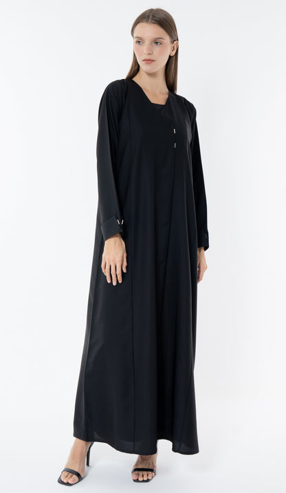 Black Overlap Collar Abaya With Silver Trim In The Front And Cuff Detail