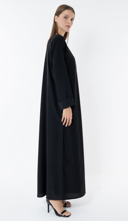 Black Overlap Collar Abaya With Silver Trim In The Front And Cuff Detail