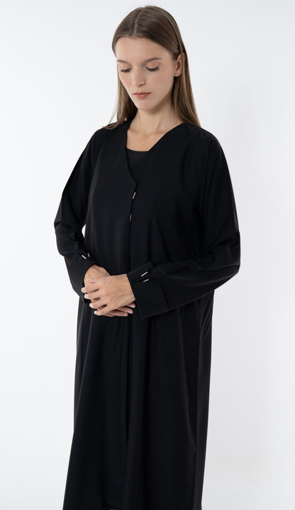 Black Overlap Collar Abaya With Silver Trim In The Front And Cuff Detail