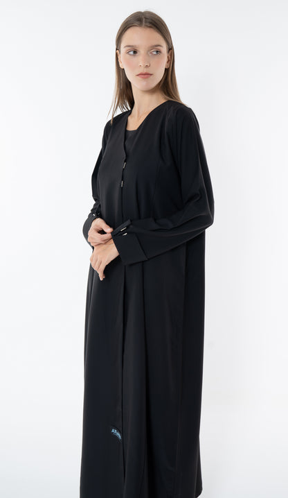 Black Overlap Collar Abaya With Silver Trim In The Front And Cuff Detail