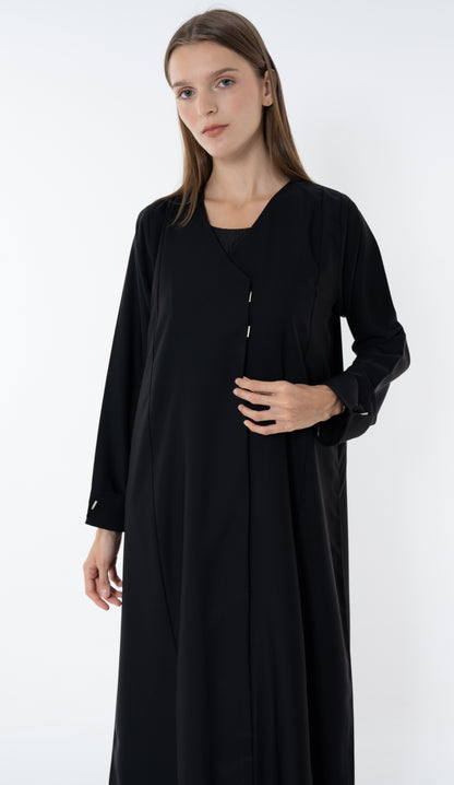 Black Overlap Collar Abaya With Silver Trim In The Front And Cuff Detail
