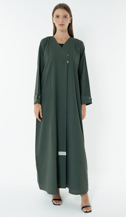 Green Overlap Collar Abaya With Silver Trim In The Front And Cuff Detail