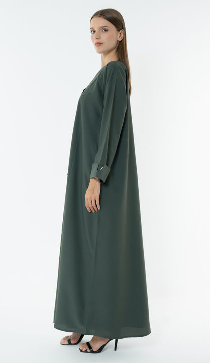 Green Overlap Collar Abaya With Silver Trim In The Front And Cuff Detail