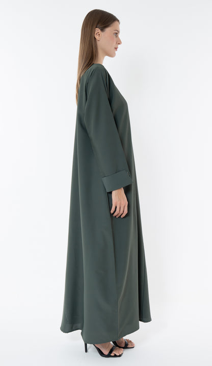 Green Overlap Collar Abaya With Silver Trim In The Front And Cuff Detail
