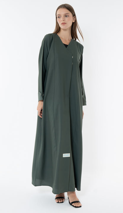 Green Overlap Collar Abaya With Silver Trim In The Front And Cuff Detail