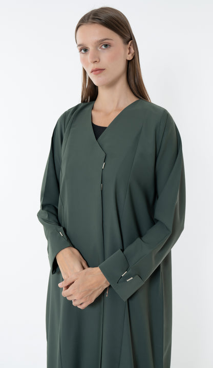 Green Overlap Collar Abaya With Silver Trim In The Front And Cuff Detail
