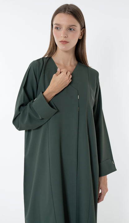 Green Overlap Collar Abaya With Silver Trim In The Front And Cuff Detail