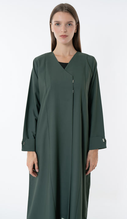 Green Overlap Collar Abaya With Silver Trim In The Front And Cuff Detail