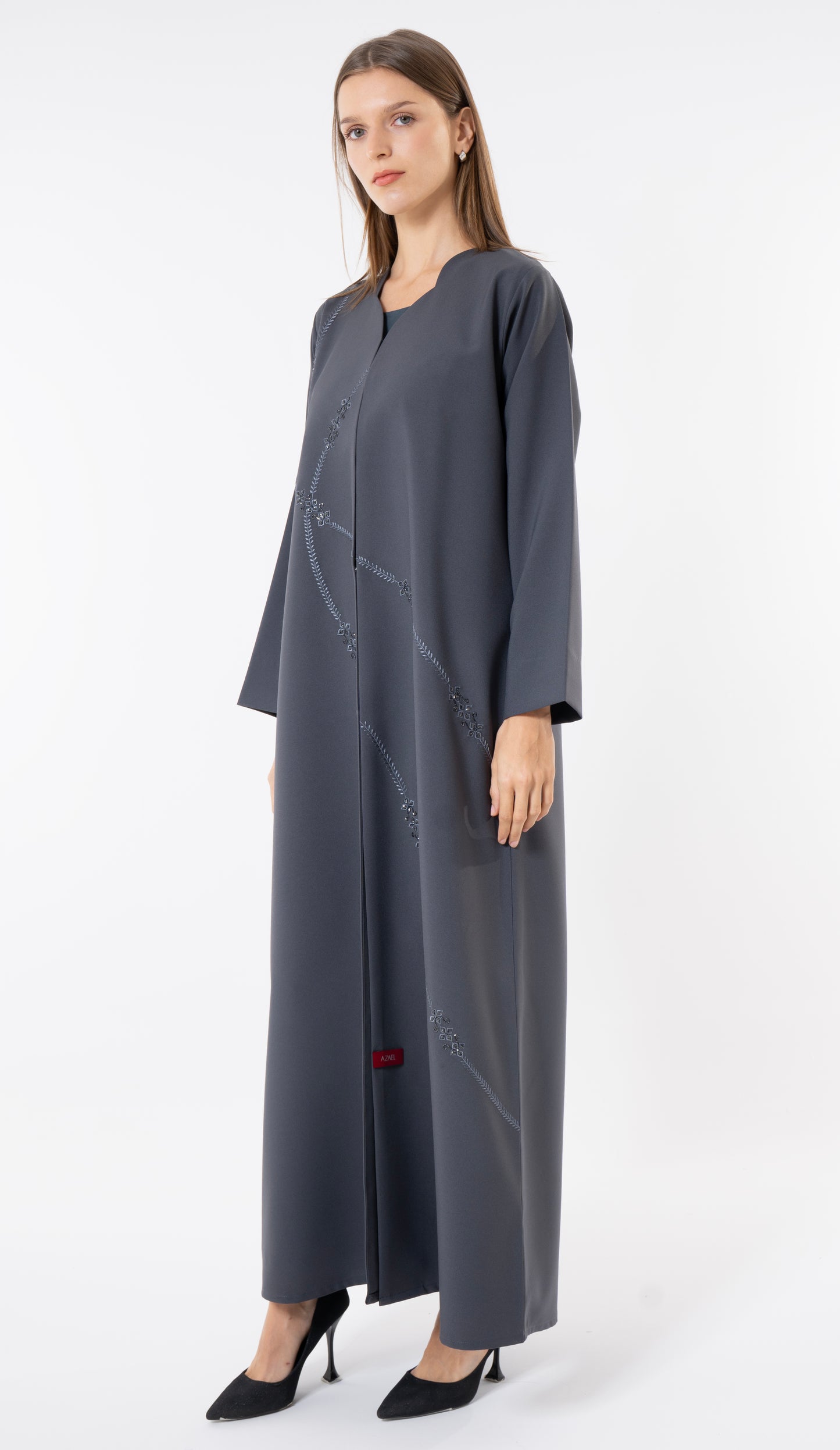 Grey Abaya With Embroidery And Beads Handwork Detailing
