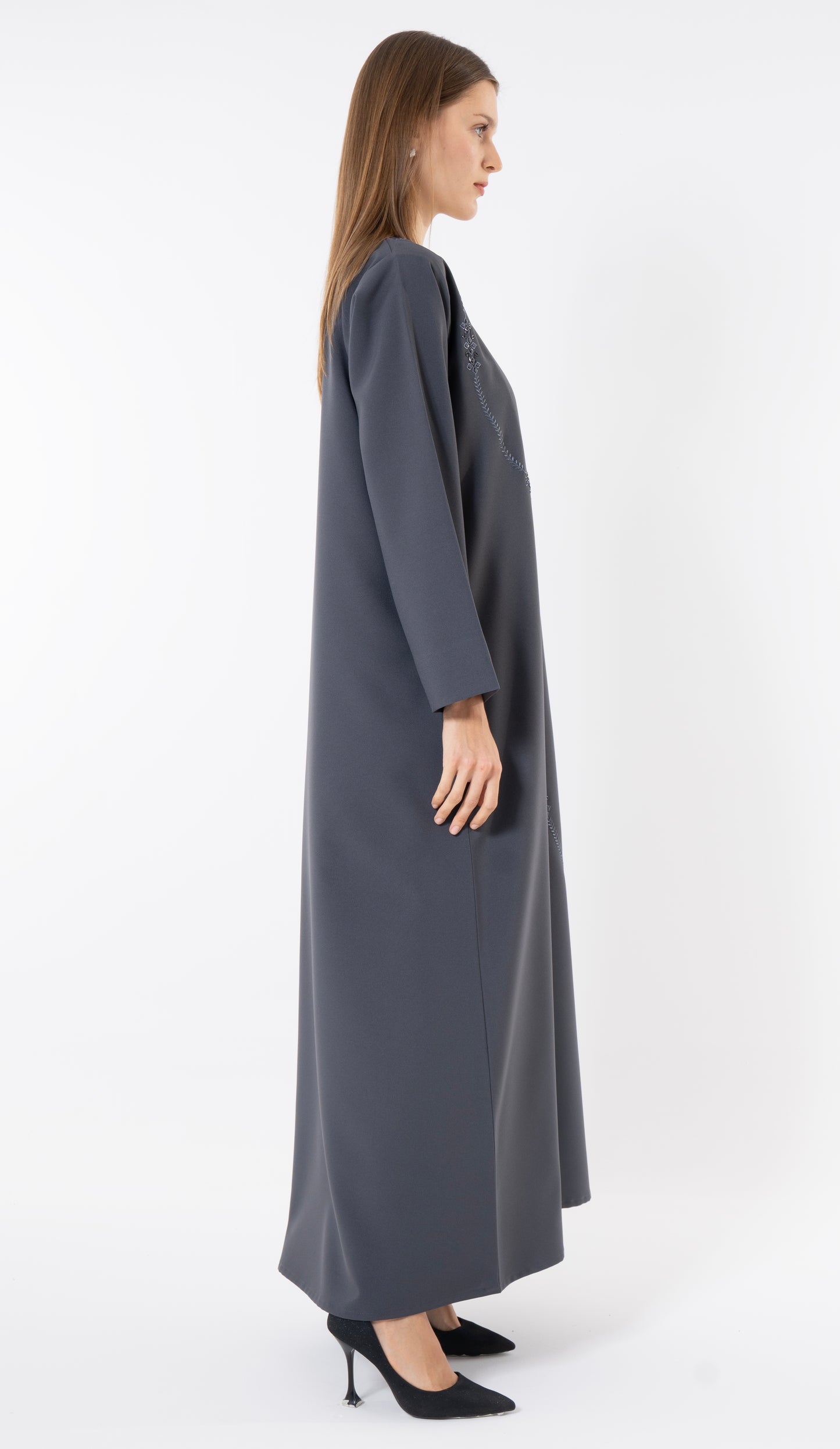Grey Abaya With Embroidery And Beads Handwork Detailing