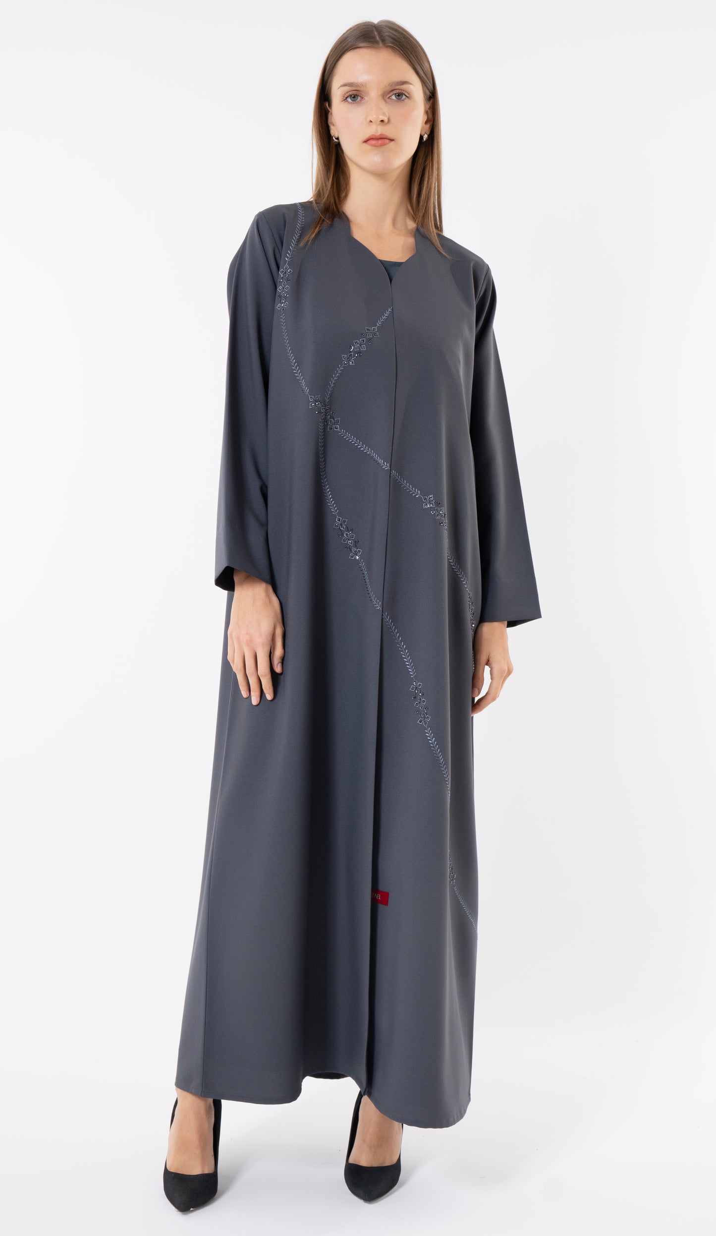 Grey Abaya With Embroidery And Beads Handwork Detailing