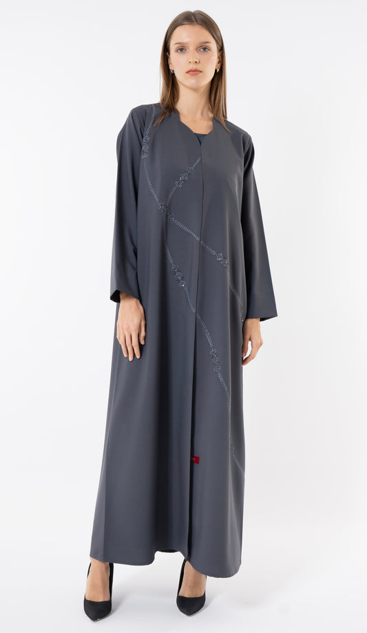 Grey Abaya With Embroidery And Beads Handwork Detailing