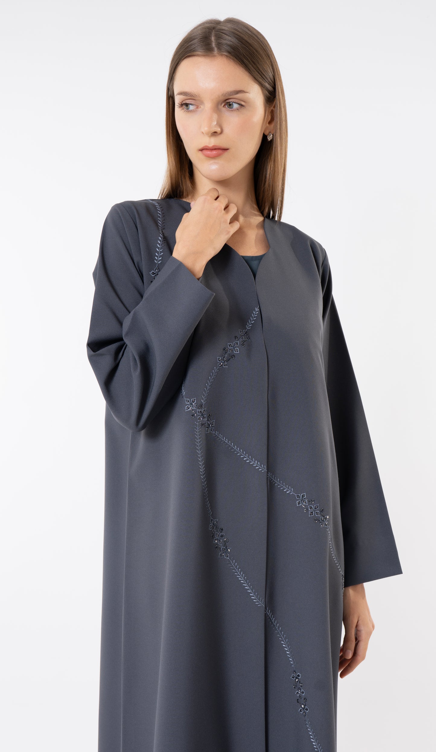 Grey Abaya With Embroidery And Beads Handwork Detailing