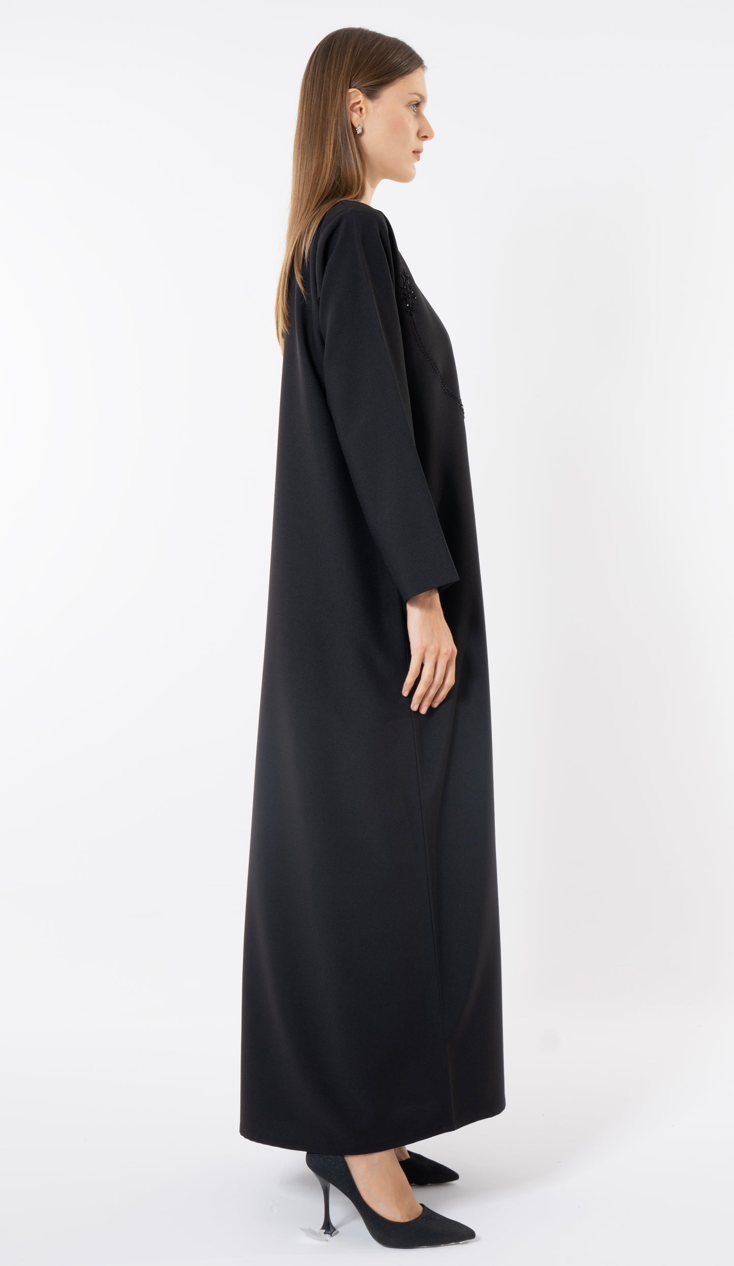 Black Abaya With Embroidery And Beads Handwork Detailing