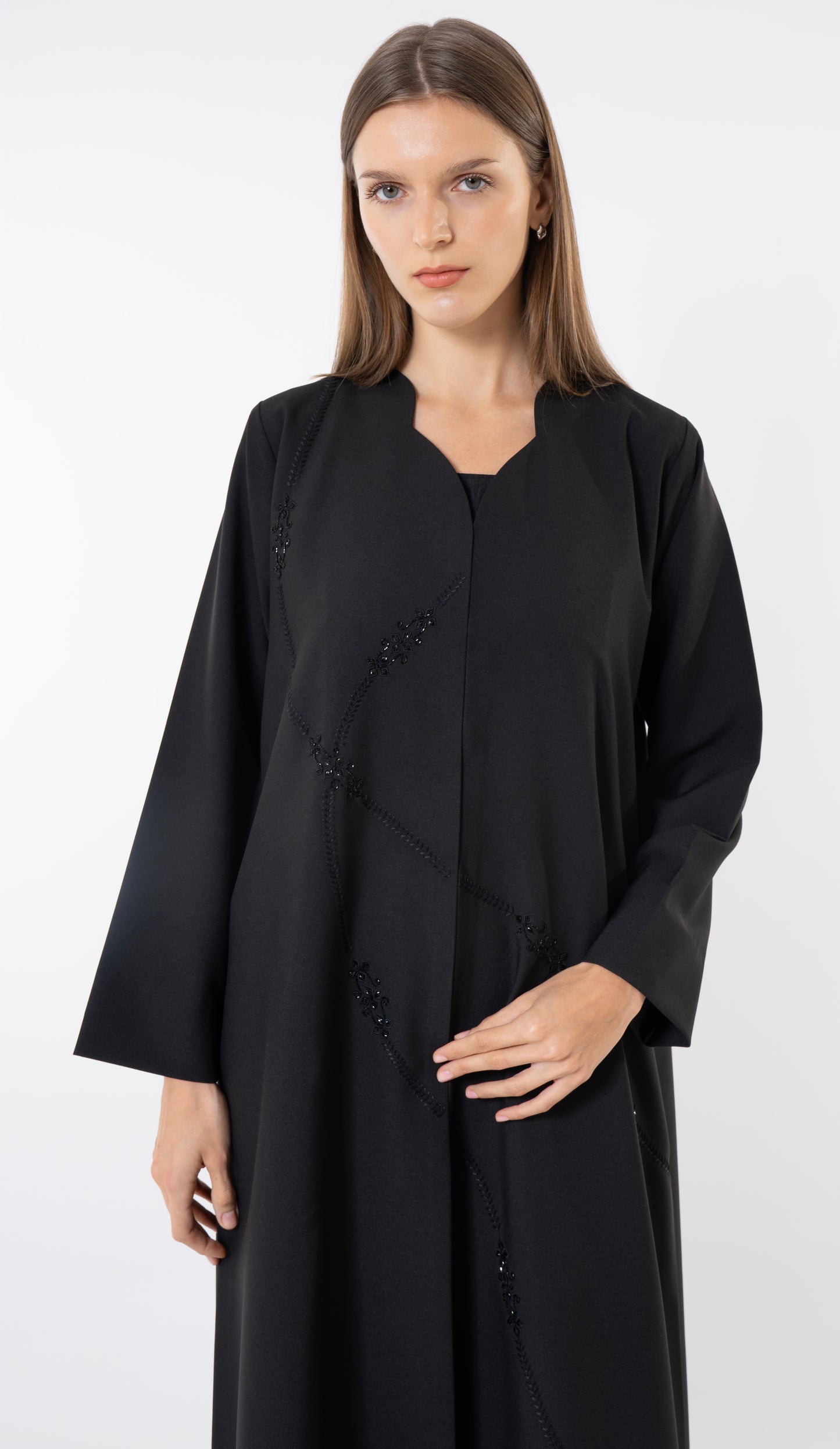 Black Abaya With Embroidery And Beads Handwork Detailing