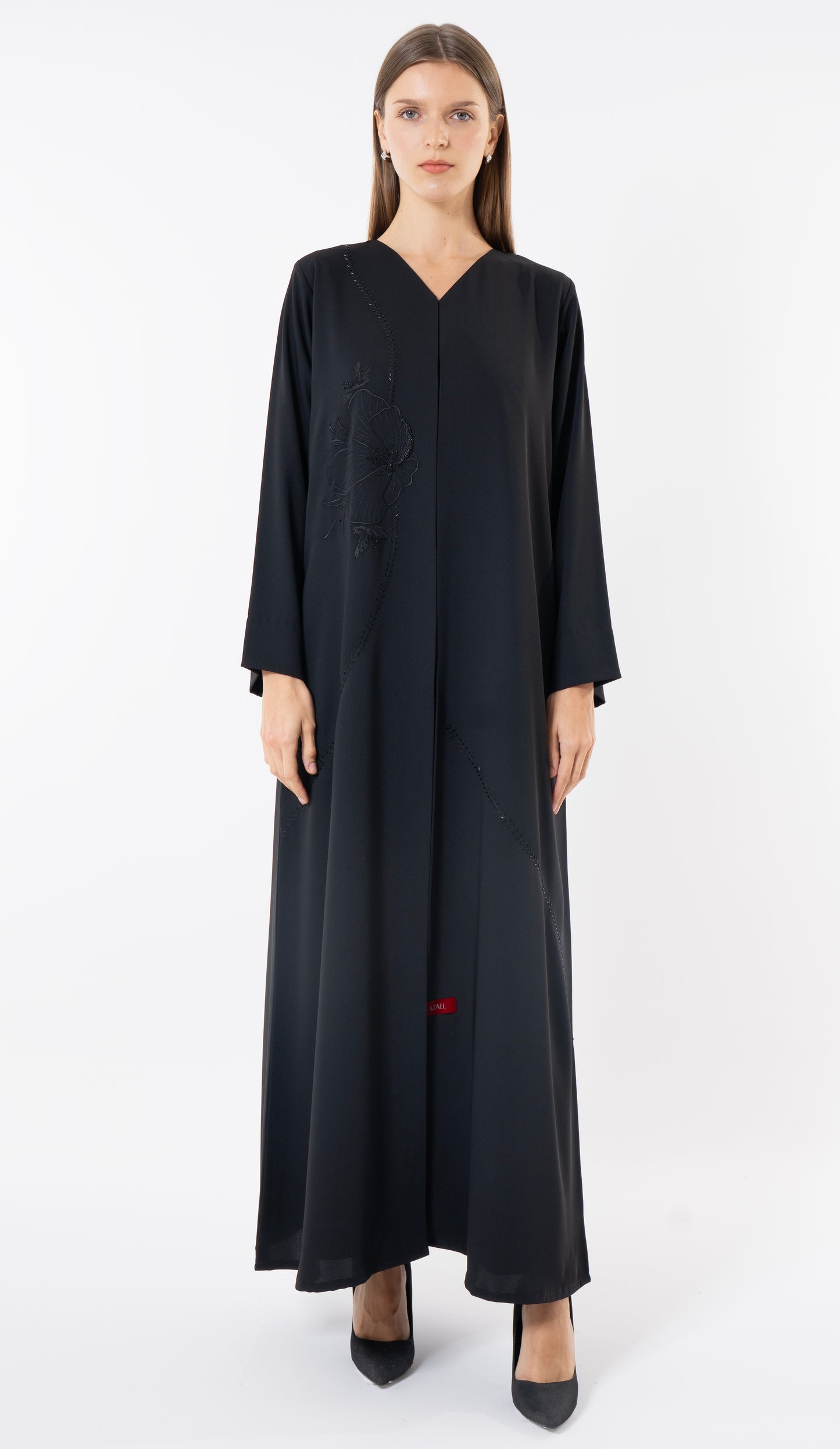 Floral Embroidery With Thread And Beads Embellishments In Black Abaya