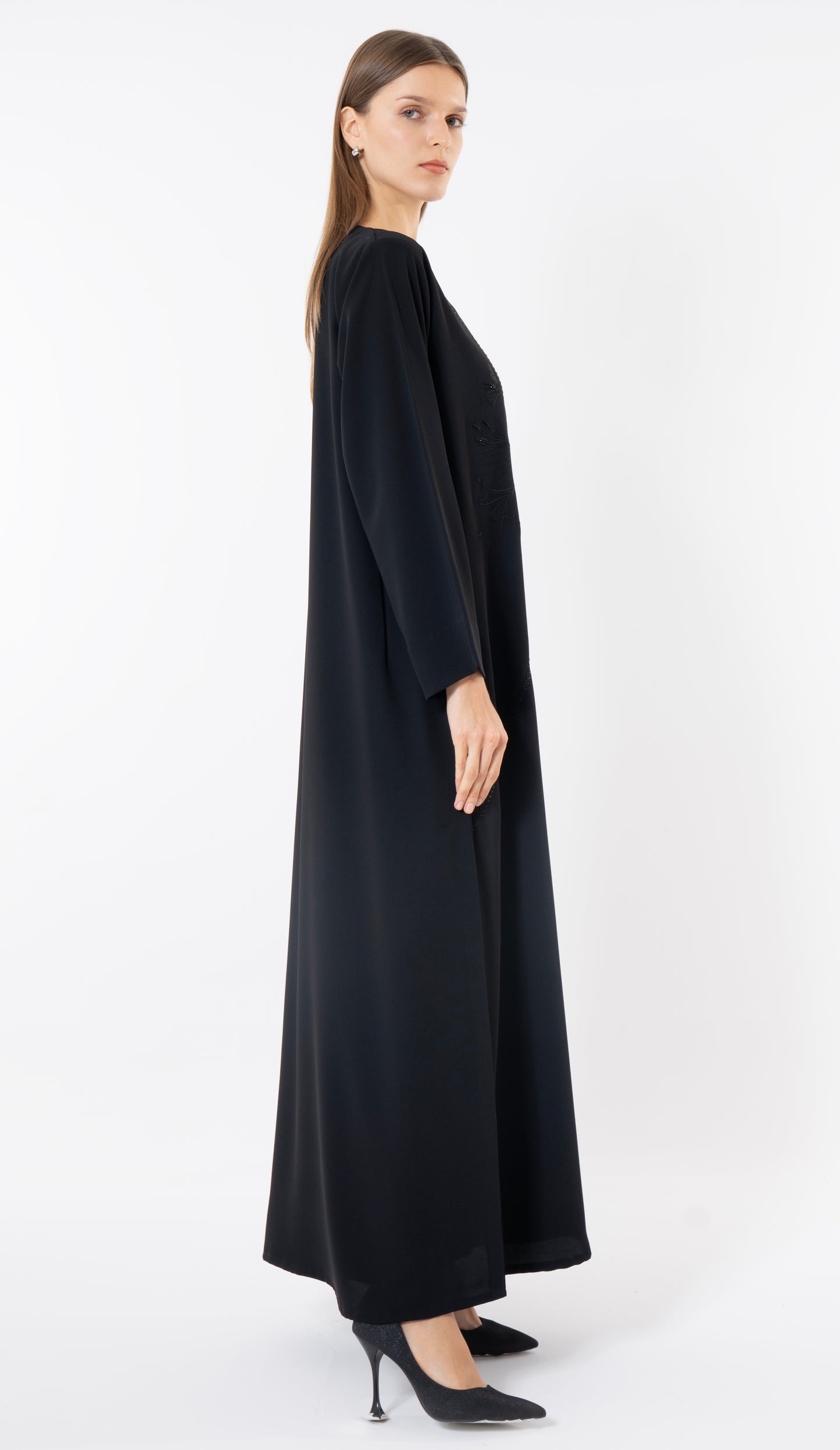 Floral Embroidery With Thread And Beads Embellishments In Black Abaya