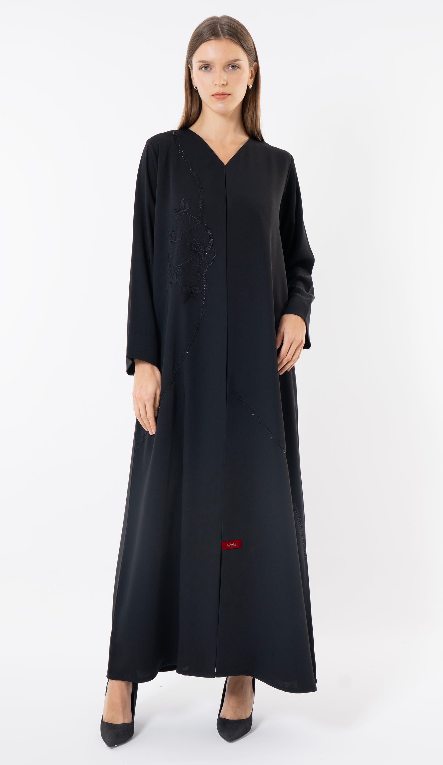 Floral Embroidery With Thread And Beads Embellishments In Black Abaya