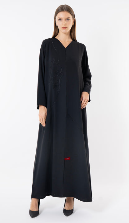 Floral Embroidery With Thread And Beads Embellishments In Black Abaya