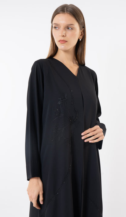 Floral Embroidery With Thread And Beads Embellishments In Black Abaya