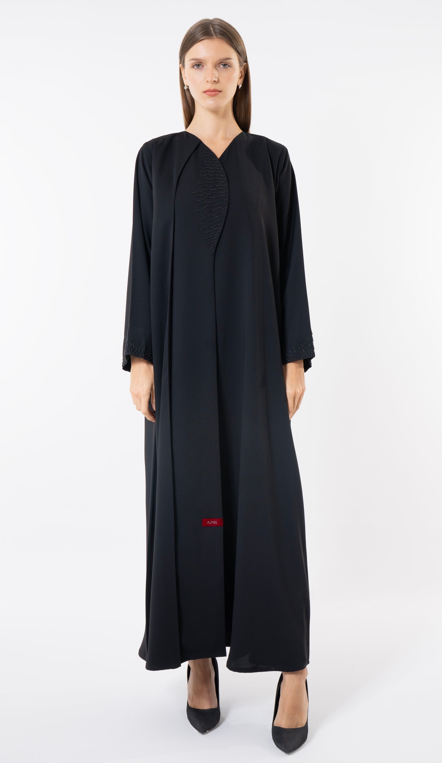 Black Modern Layered Front Abaya With Embellishments On Front And Sleeves