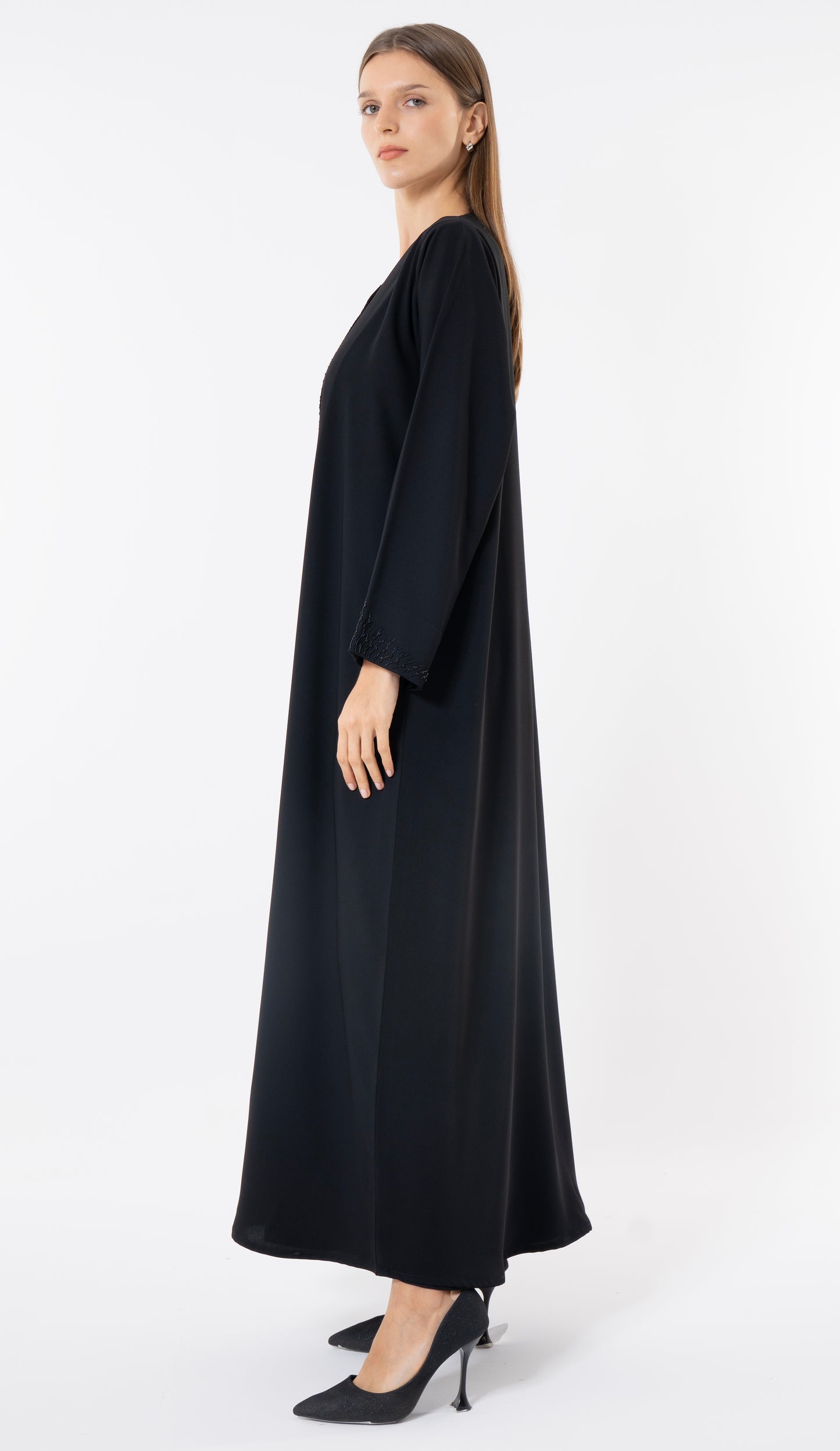 Black Modern Layered Front Abaya With Embellishments On Front And Sleeves