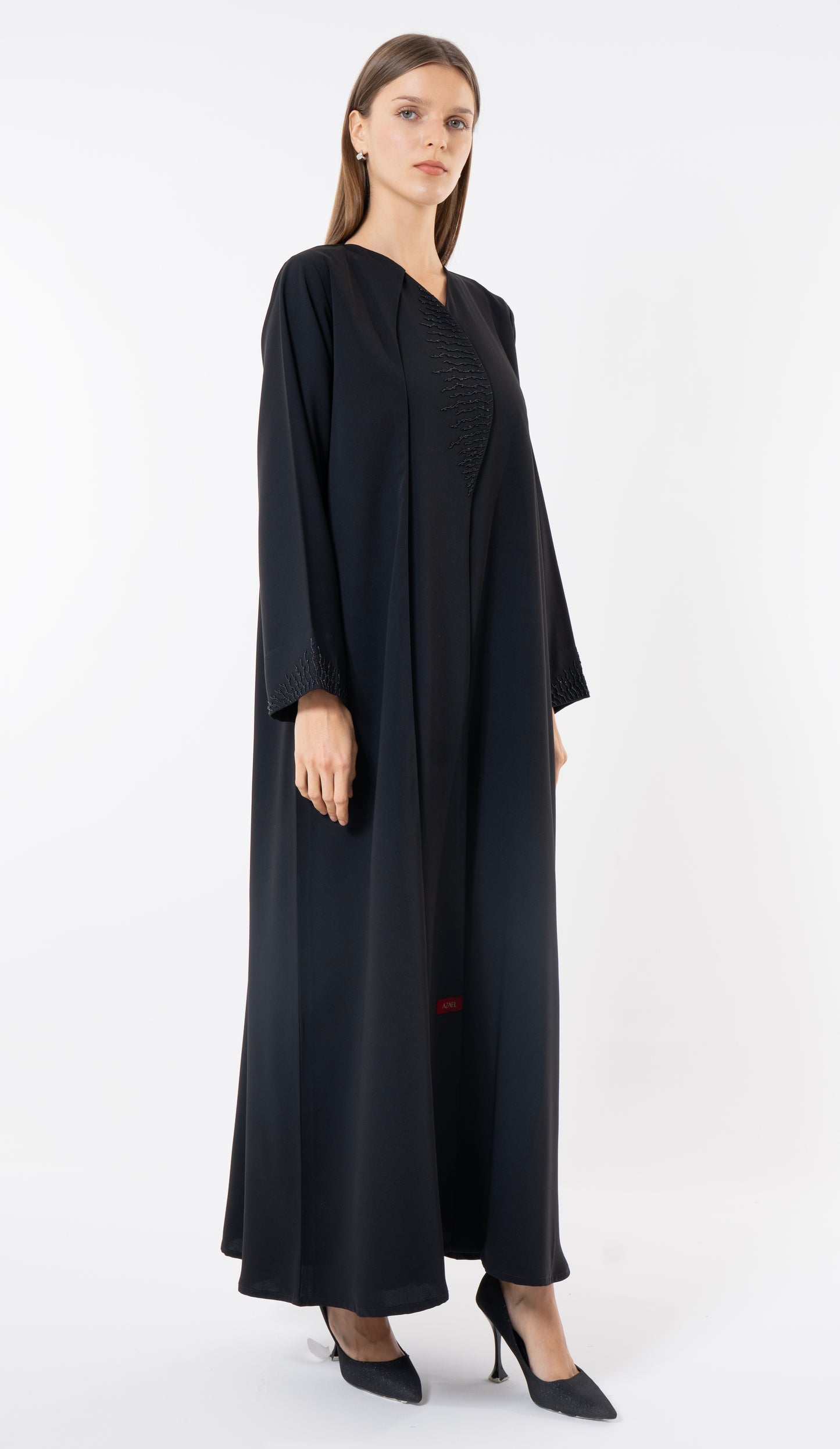 Black Modern Layered Front Abaya With Embellishments On Front And Sleeves