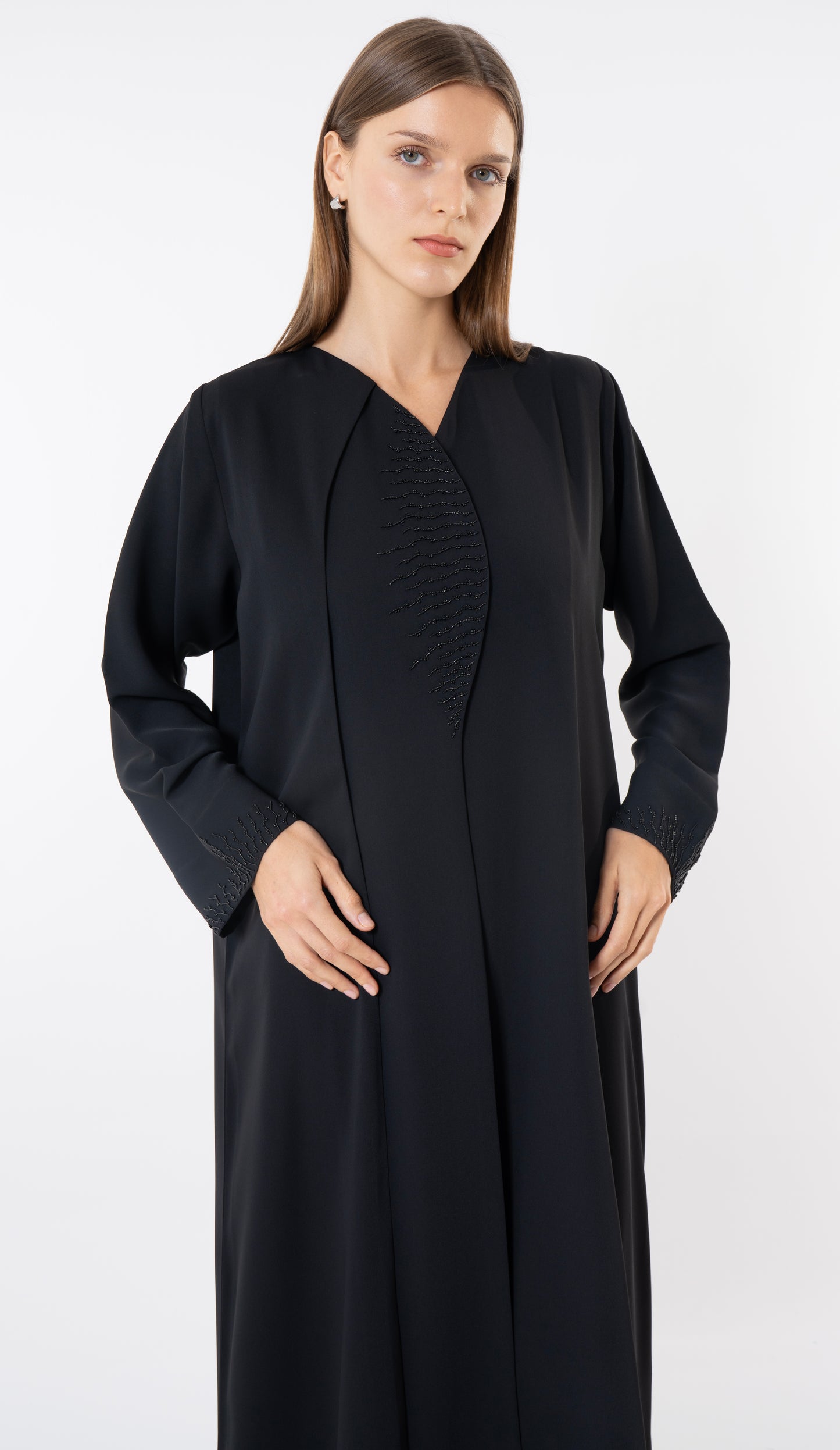 Black Modern Layered Front Abaya With Embellishments On Front And Sleeves