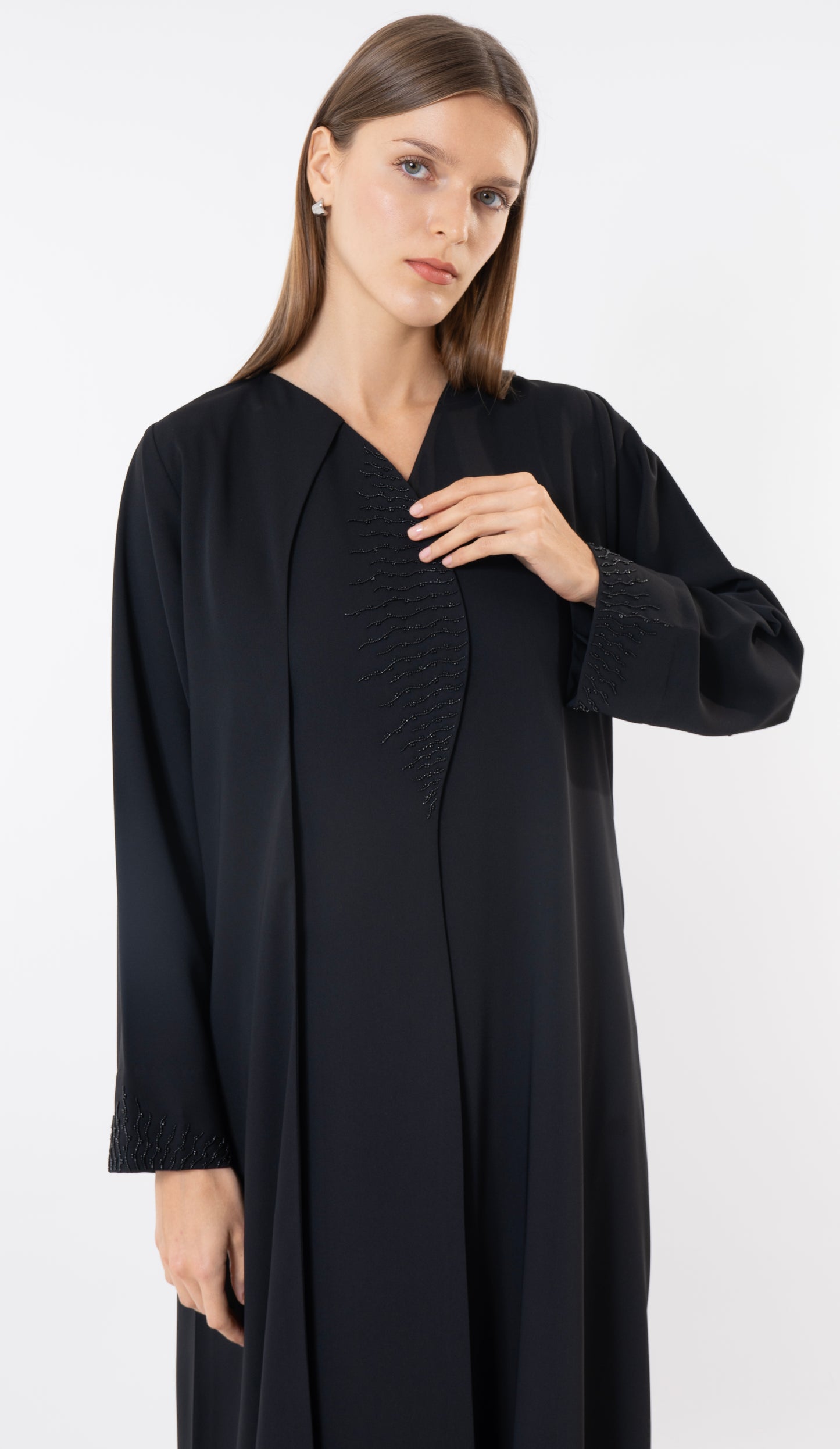 Black Modern Layered Front Abaya With Embellishments On Front And Sleeves