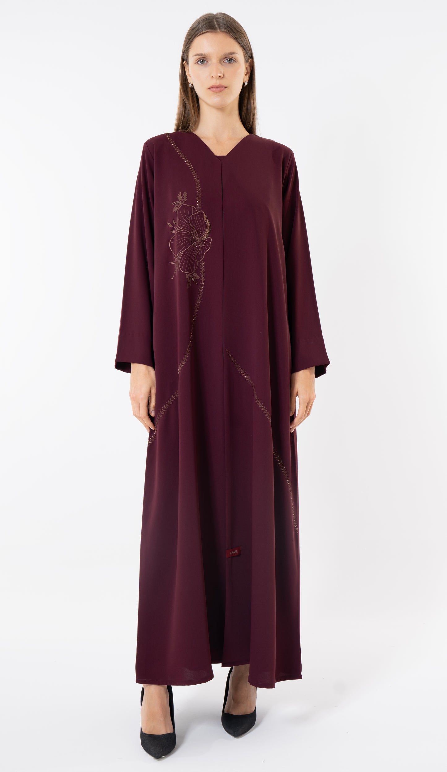 Floral Embroidery With Thread And Beads Embellishments In Maroon Abaya