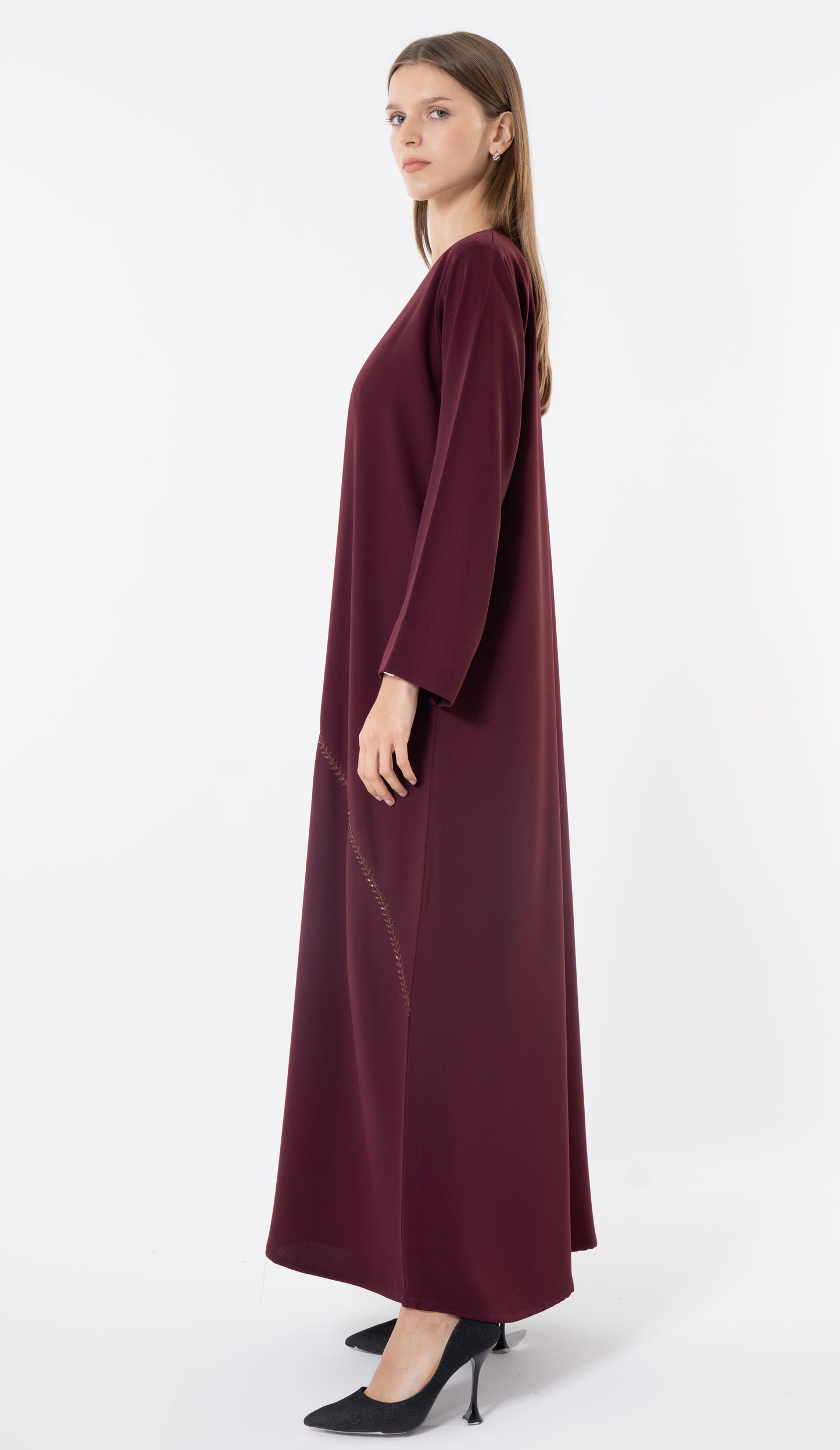 Floral Embroidery With Thread And Beads Embellishments In Maroon Abaya