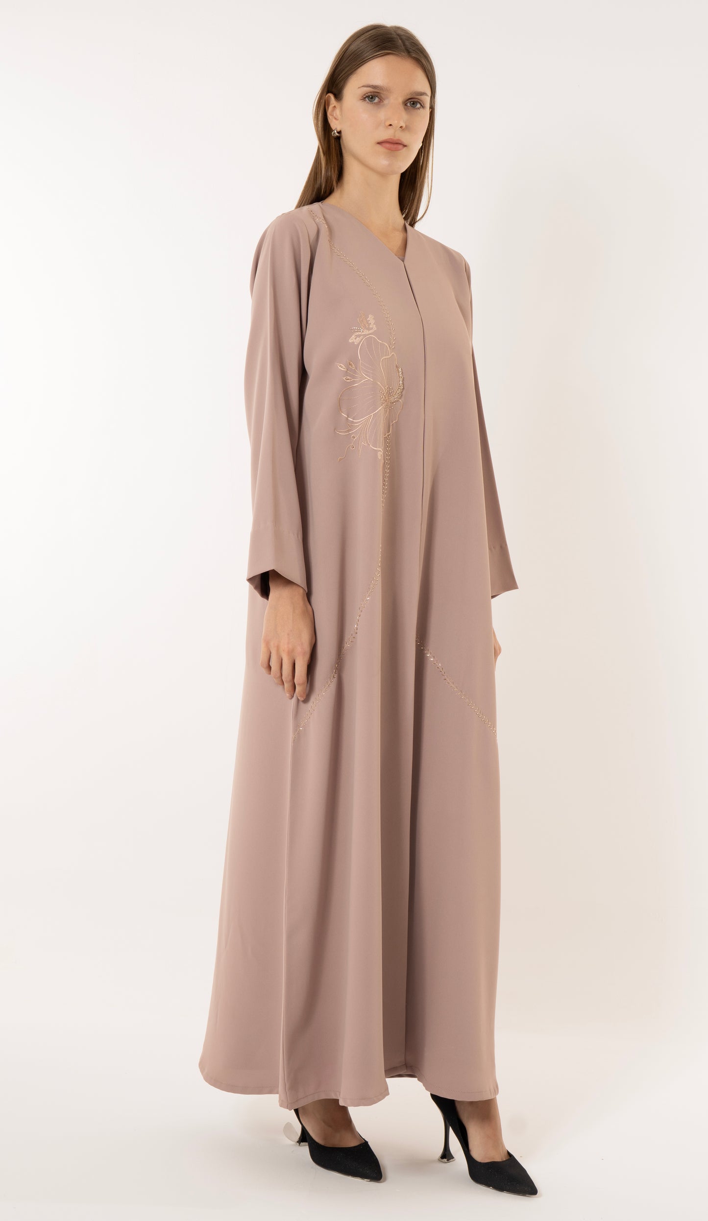 Floral Embroidery With Thread And Beads Embellishments In Beige Abaya