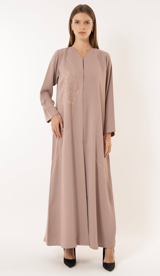 Floral Embroidery With Thread And Beads Embellishments In Beige Abaya