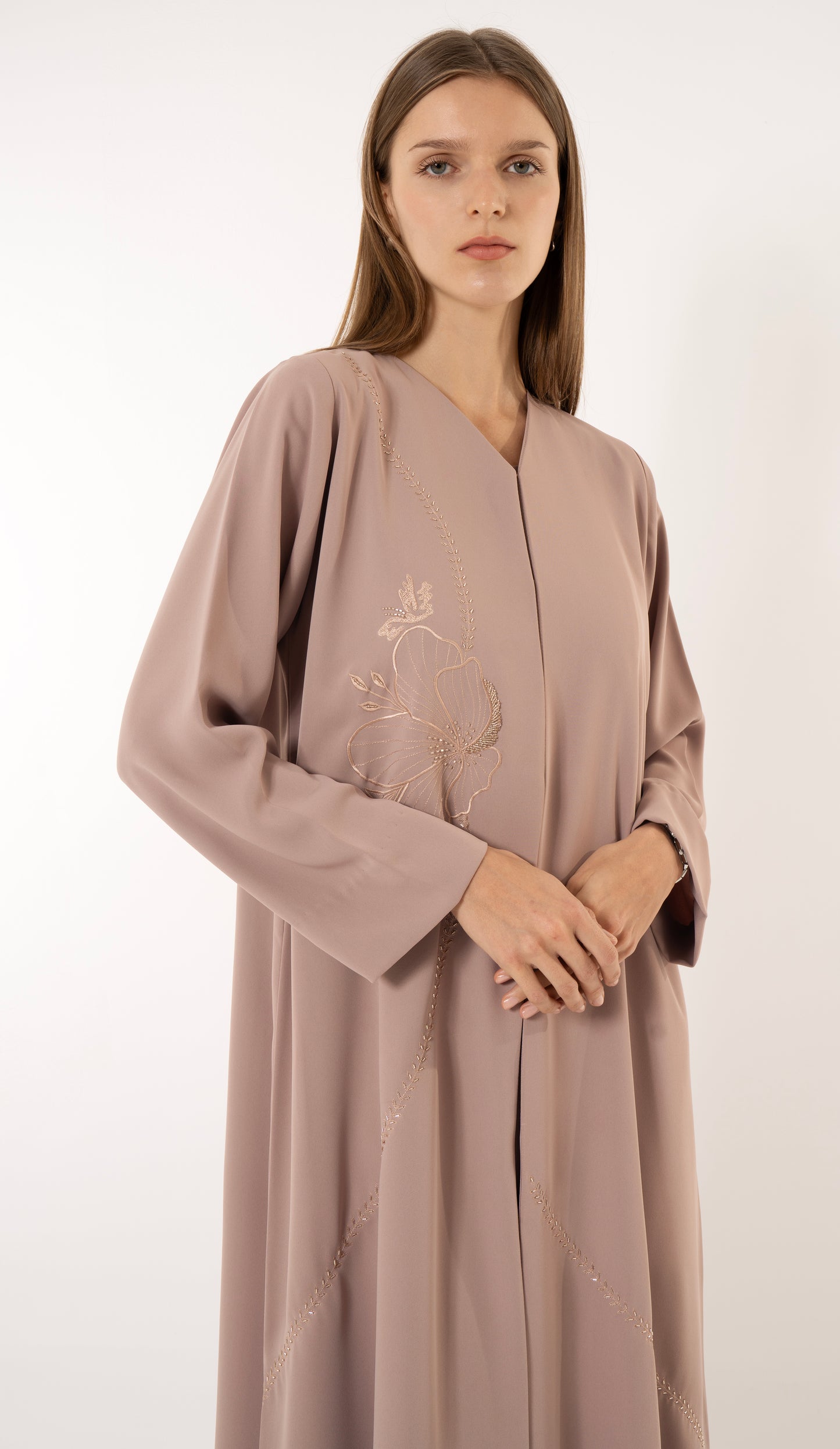 Floral Embroidery With Thread And Beads Embellishments In Beige Abaya
