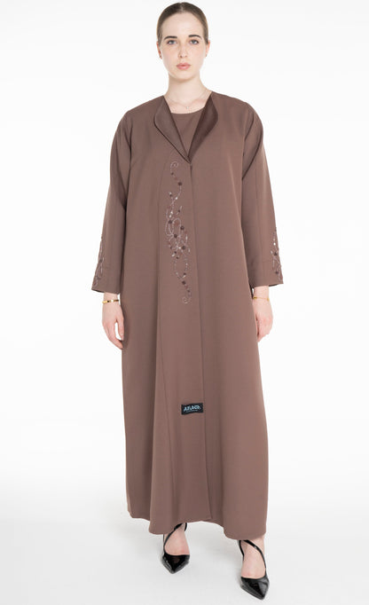 Minimal embellished coat Style  Brown Abaya